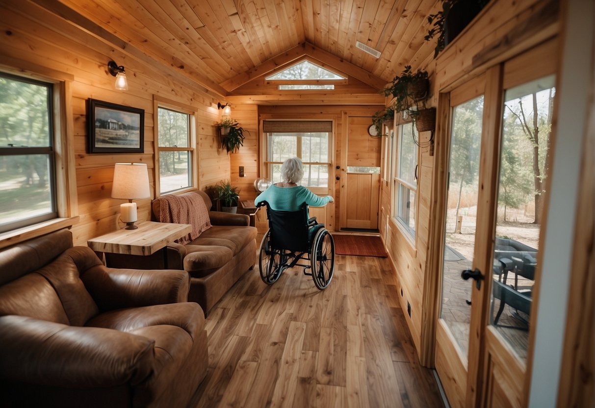 A tiny home community for seniors with wheelchair ramps, grab bars, and low countertops. Wide doorways and lever handles for accessibility