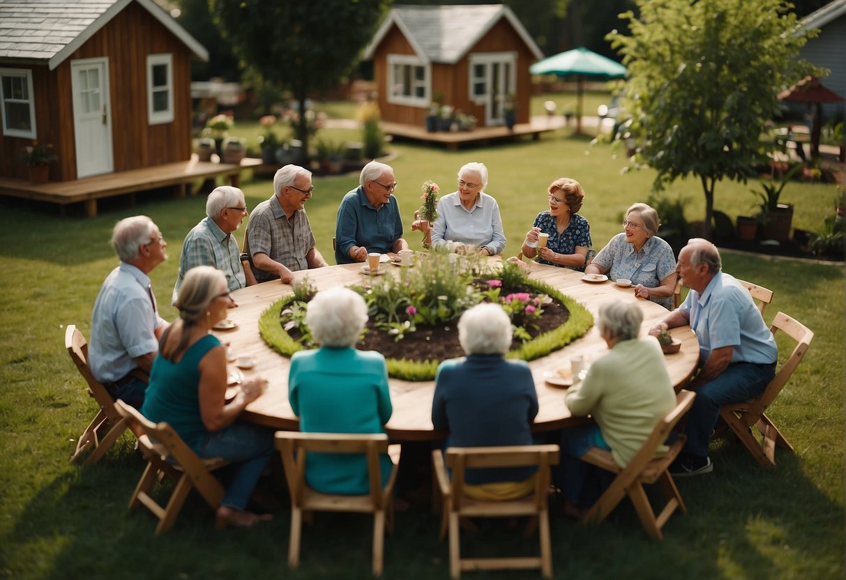 A group of tiny homes arranged in a circle around a central green space, with seniors chatting and gardening together