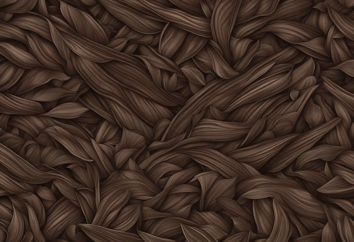 Rich, dark chocolate-colored mulch covers the ground, emitting a sweet, earthy aroma. Its fine texture glistens in the sunlight, creating a luxurious and inviting appearance