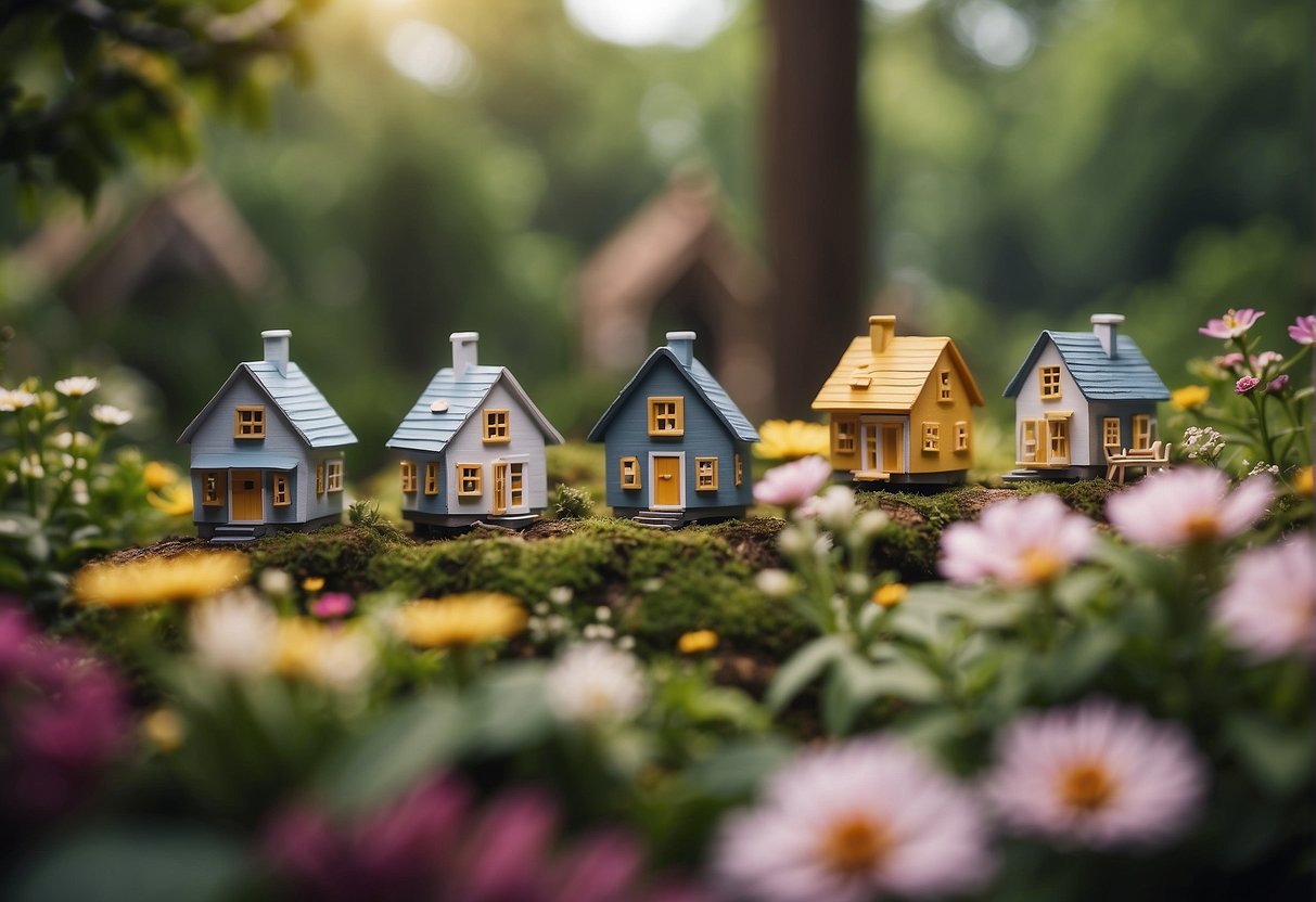 A group of small, cozy homes nestled in a peaceful community, surrounded by lush greenery and vibrant flowers