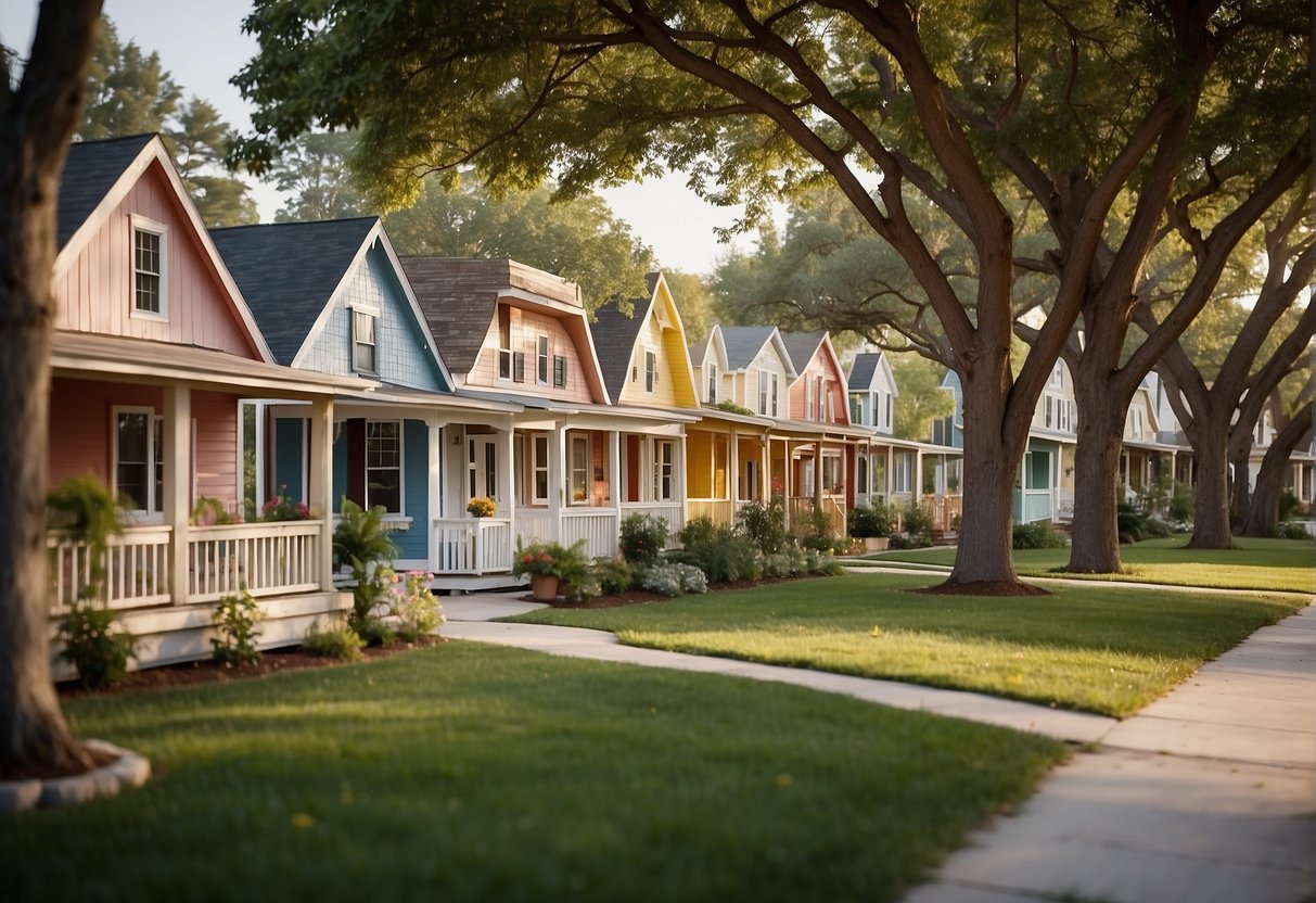 A row of small, colorful homes nestled in a serene community, surrounded by trees and a garden, with a welcoming front porch