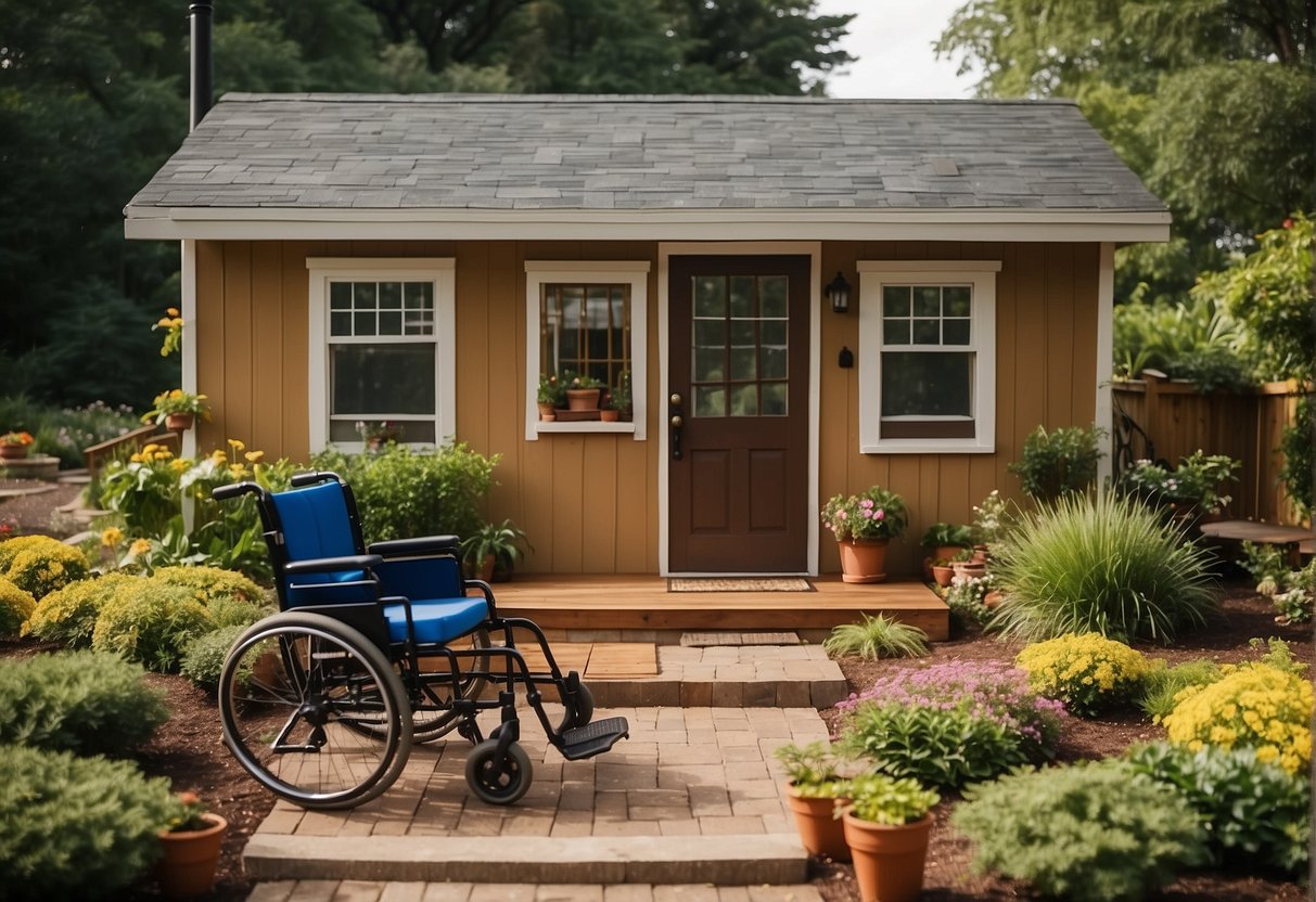 A tiny home with wheelchair ramps and grab bars, surrounded by wide pathways and gardens, providing accessibility and comfort for low-income seniors