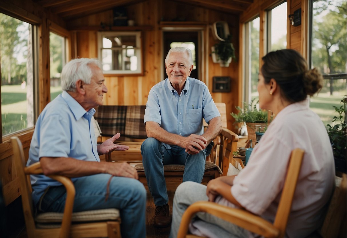 Low-income seniors discussing financial and legal considerations for tiny homes