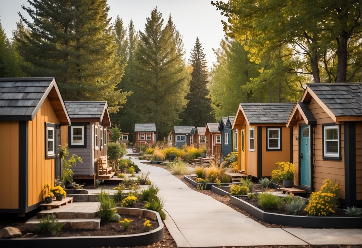 A group of tiny homes arranged in a community setting, with accessible pathways and communal spaces for low-income seniors