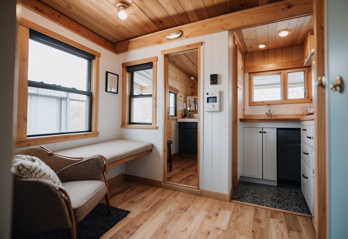 A tiny home with wide doorways, grab bars, and non-slip flooring. A ramp leads to the entrance, and a bathroom has a walk-in shower with a seat