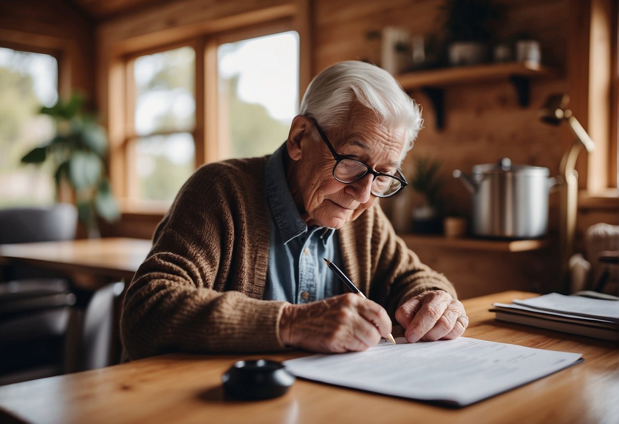 An elderly person signing legal and financial documents for a tiny home
