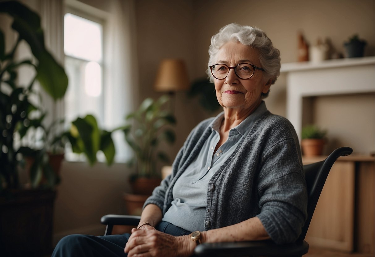 An elderly person sitting comfortably in a cozy, compact home, surrounded by accessible amenities and thoughtful design features