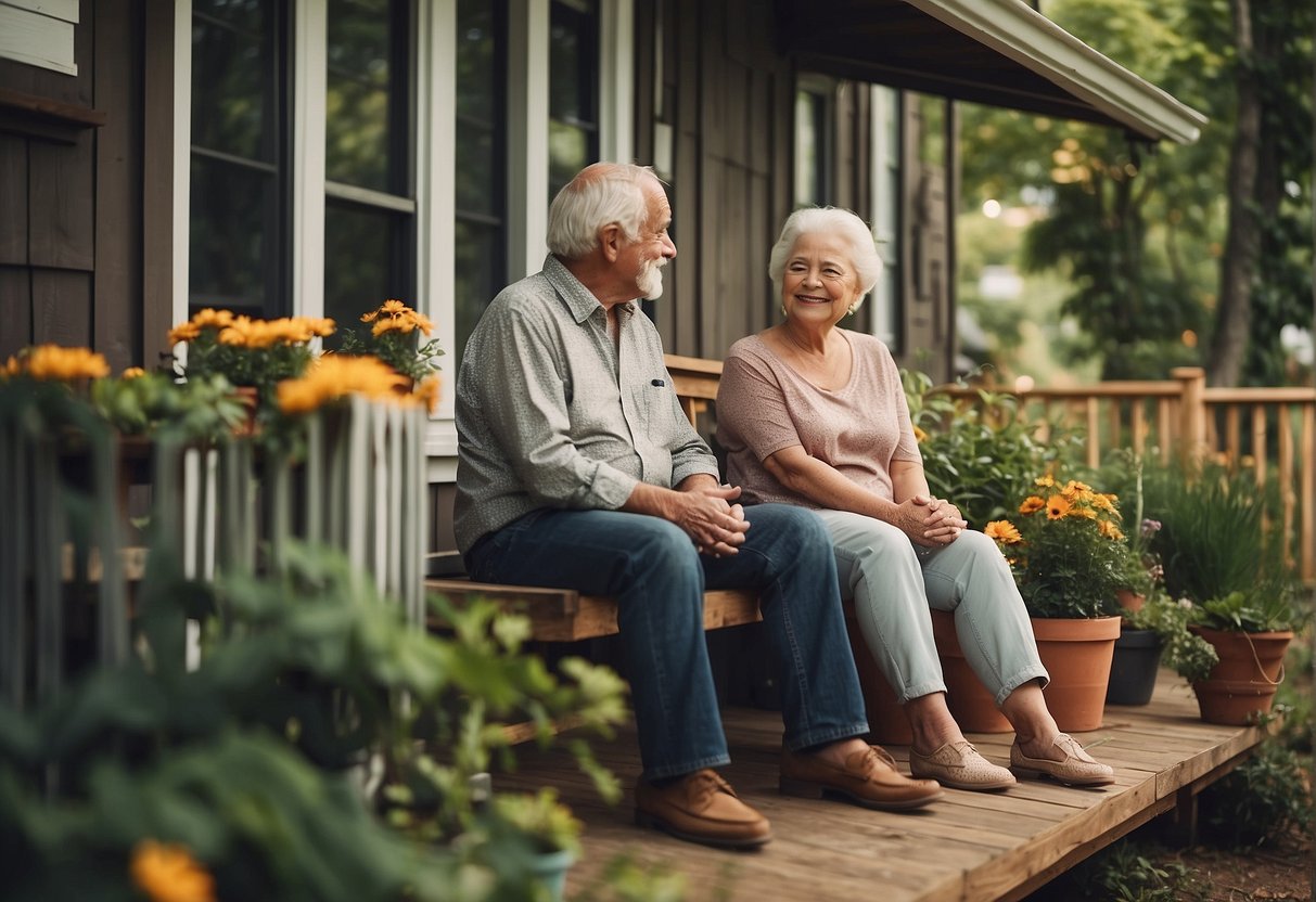 Elderly couples sit on porch of cozy tiny homes, surrounded by lush gardens and chirping birds