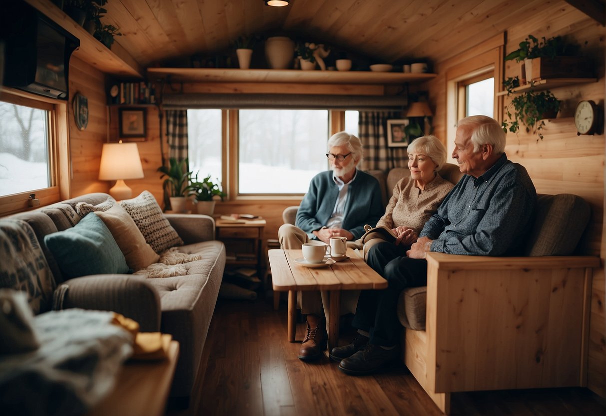 An elderly couple sits comfortably in their tiny home, surrounded by efficient and cozy furnishings. Financial documents and retirement plans are neatly organized on the table