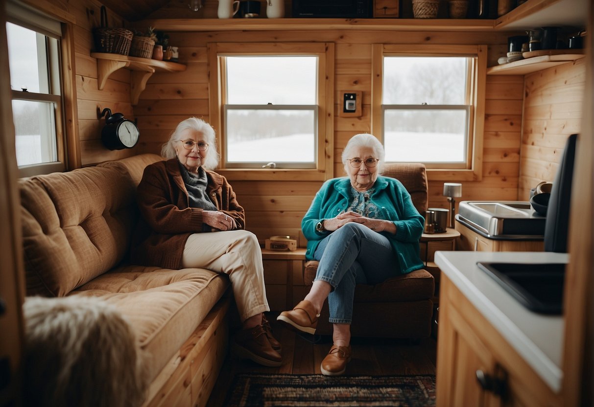 An elderly couple sits comfortably inside their tiny home, surrounded by efficient and accessible amenities