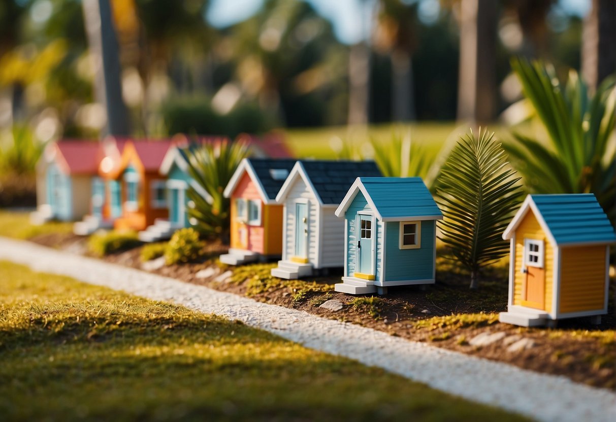 A row of colorful tiny homes nestled among palm trees in sunny Florida, with a community center and walking paths nearby