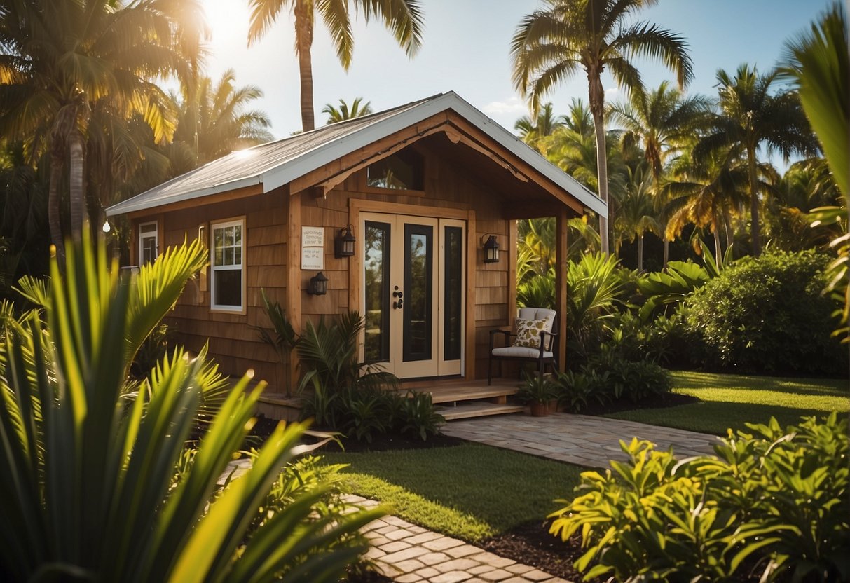 A sunny Florida landscape with a small, cozy tiny home nestled among palm trees and lush greenery, showcasing the peaceful and serene environment for seniors