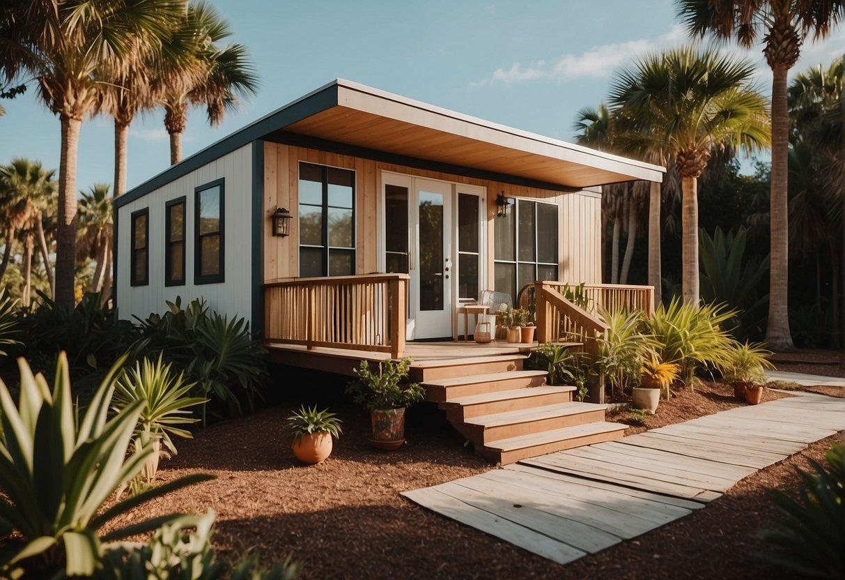 A tiny home in Florida, surrounded by palm trees and sunshine, with a ramp for accessibility and a small garden for relaxation