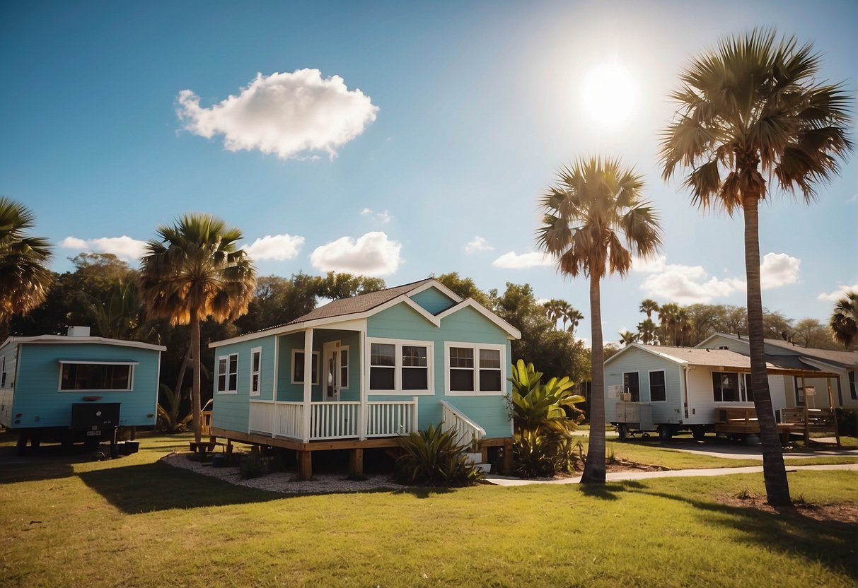 A sunny Florida landscape with palm trees and a small, cozy tiny home community for seniors