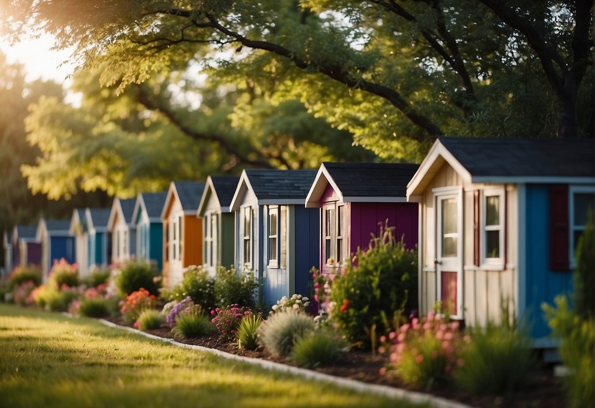 A row of small, colorful mobile homes sits nestled among trees, with cozy porches and flower boxes