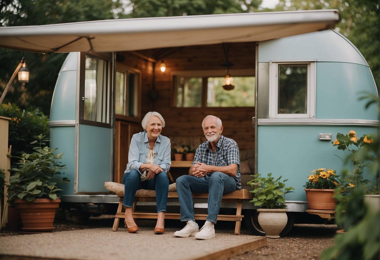 A senior couple sits on the porch of their customized tiny mobile home, surrounded by a lush garden and cozy outdoor seating