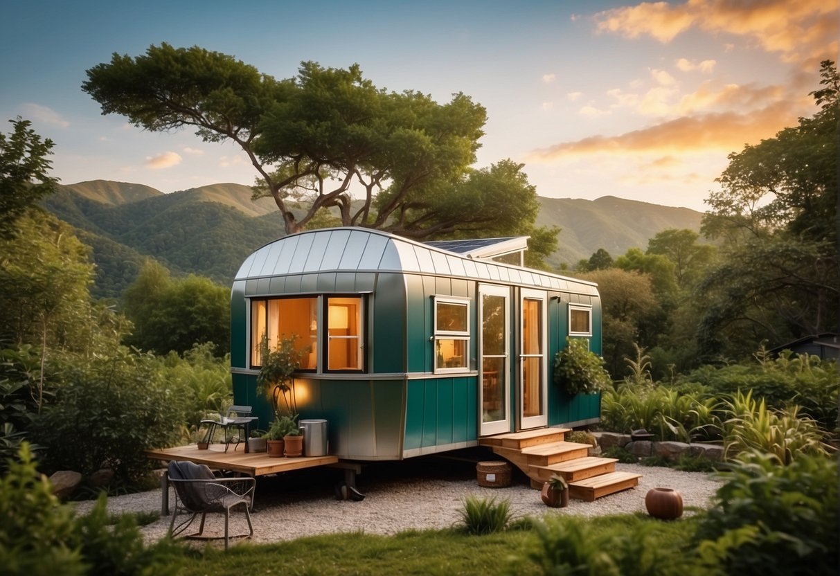 A tiny mobile home nestled in a serene natural setting, surrounded by lush greenery and with solar panels on the roof, showcasing off-grid living for seniors