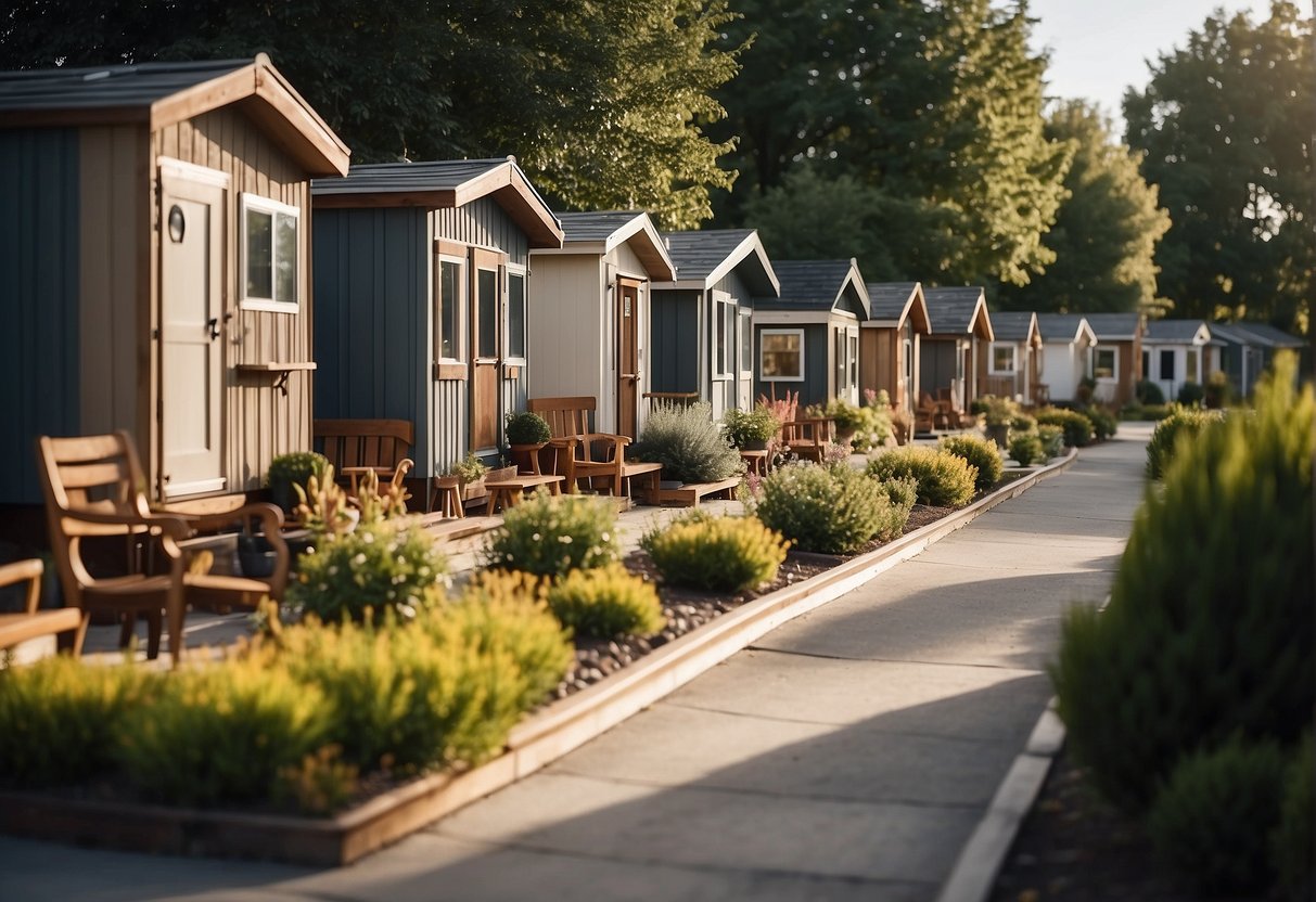 A row of tiny mobile homes with ramps and handrails, surrounded by well-maintained gardens and communal seating areas