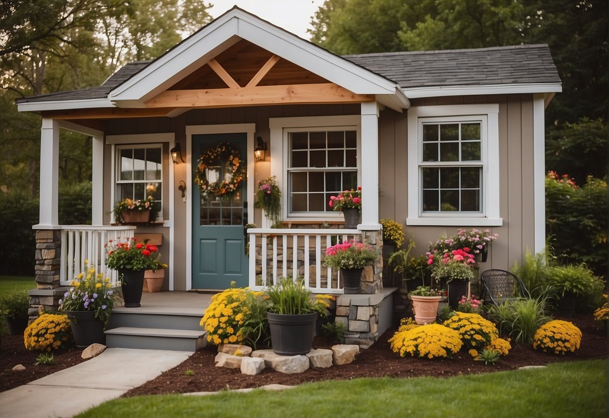 A quaint, single-story tiny house designed for seniors with a wheelchair ramp, flower-filled window boxes, and a cozy front porch