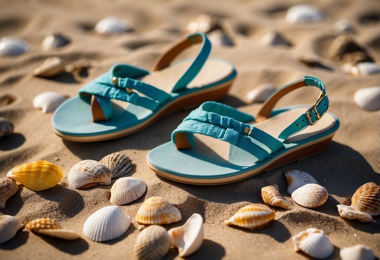 A pair of designer sandals sits on a sun-drenched beach, surrounded by seashells and a colorful beach towel