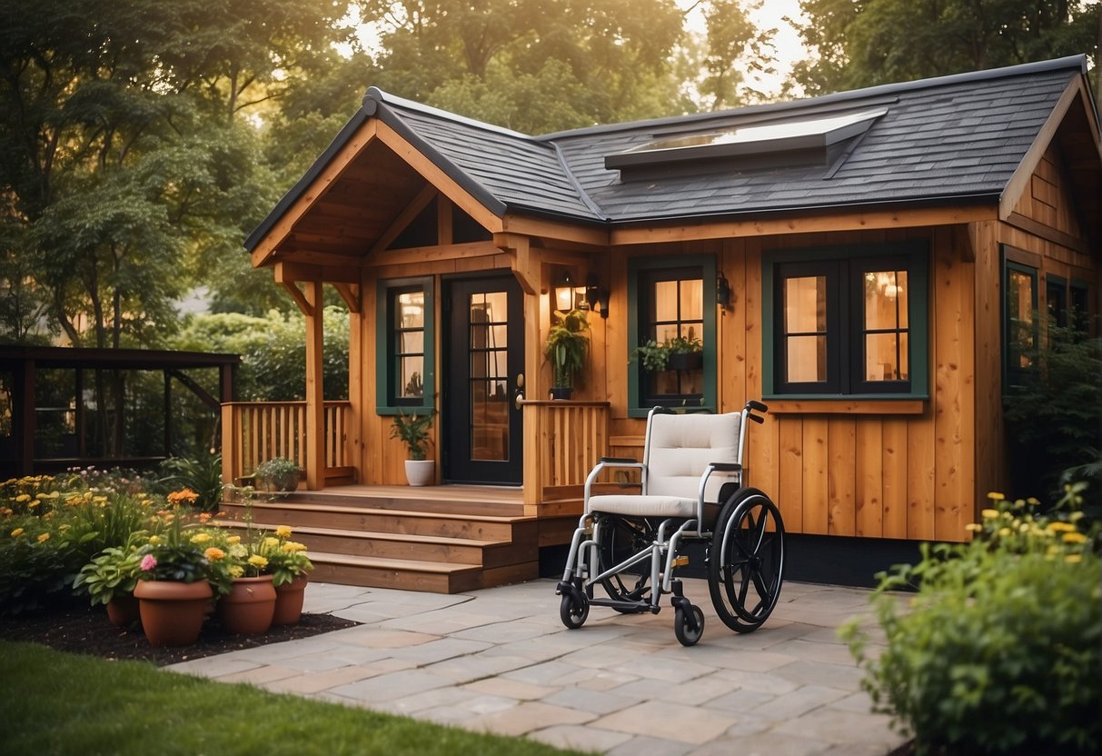 A cozy one-story tiny house with wheelchair-accessible features, surrounded by a lush garden and a peaceful outdoor sitting area