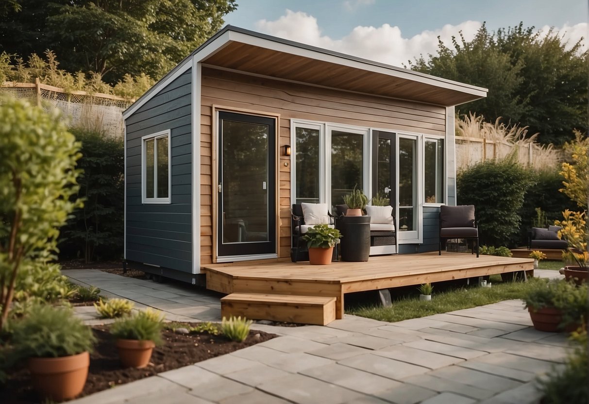 A one-story tiny house with accessible features, like wide doorways and low countertops. The exterior is surrounded by a small garden and a ramp for easy access