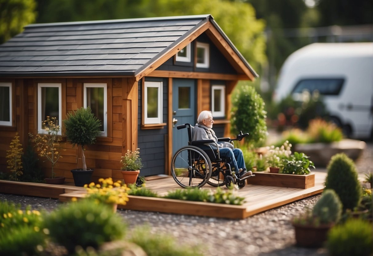 A cozy, single-story tiny house designed for seniors, with a wheelchair ramp and a small garden outside