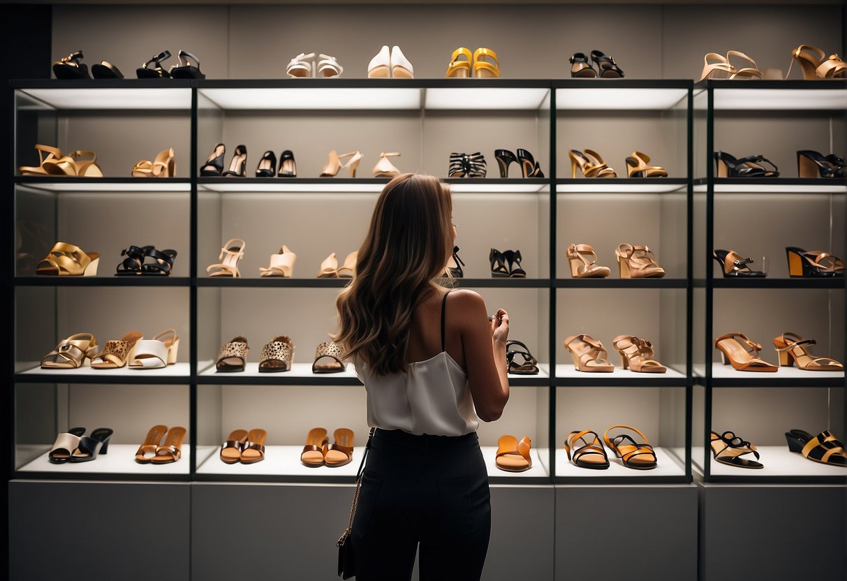 A hand reaches for a display of designer sandals, carefully examining the styles and materials. The shelves are filled with a variety of elegant and fashionable footwear options