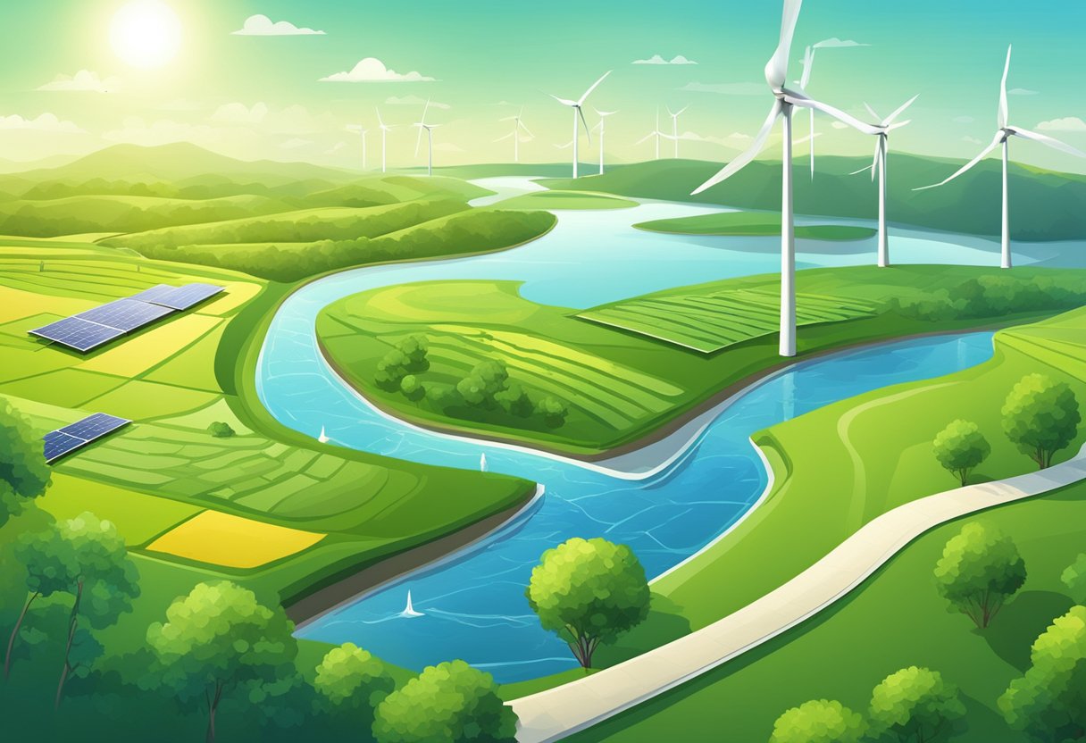 A lush green landscape with wind turbines and solar panels, surrounded by clean waterways and sustainable agriculture