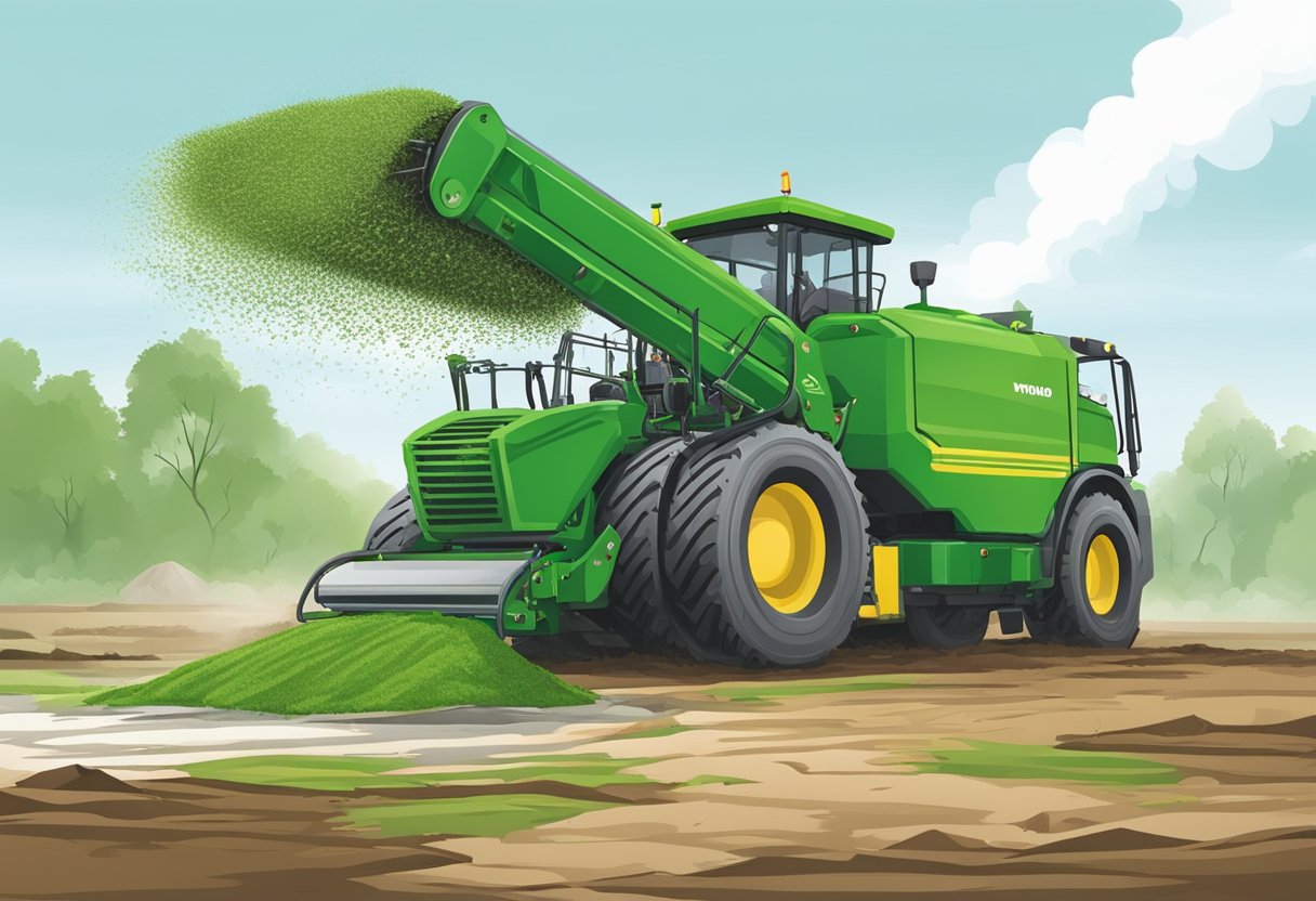 A hydro mulch machine sprays green slurry onto a barren land, covering it with a protective layer of mulch to aid in vegetation growth