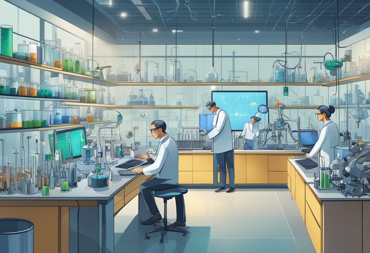 A laboratory filled with scientists conducting experiments, surrounded by advanced technology and equipment, with charts and graphs displaying progress in sustainable innovation