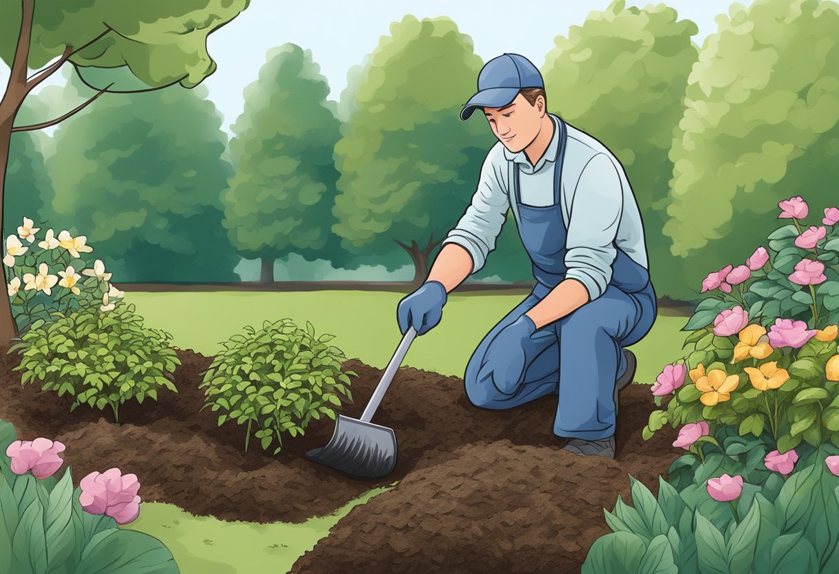 A gardener plants and tends to ground cover, replacing mulch