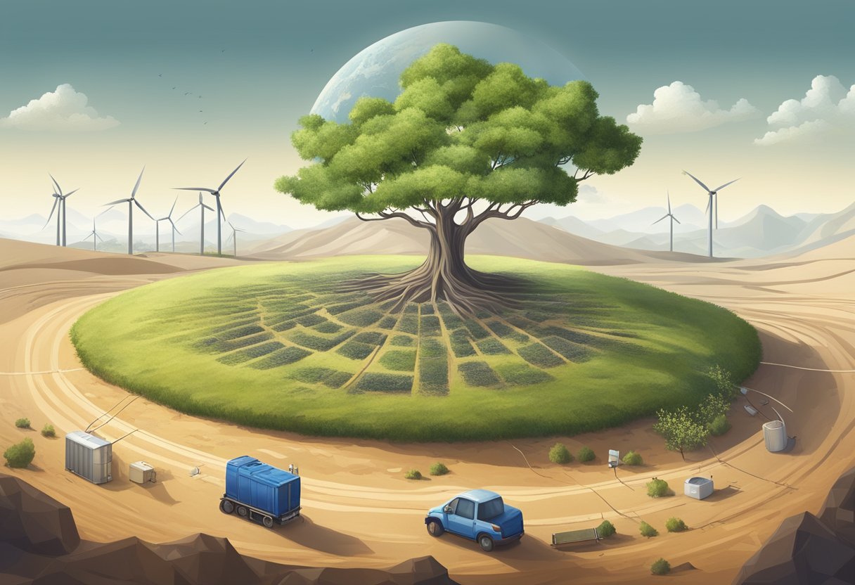 A tree being planted in a barren landscape, surrounded by renewable energy sources and recycling facilities