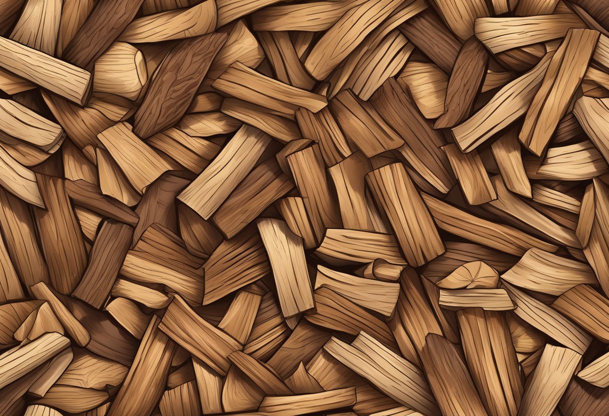 Wood chips cover the ground as mulch, creating a natural and textured surface with varying shades of brown and tan