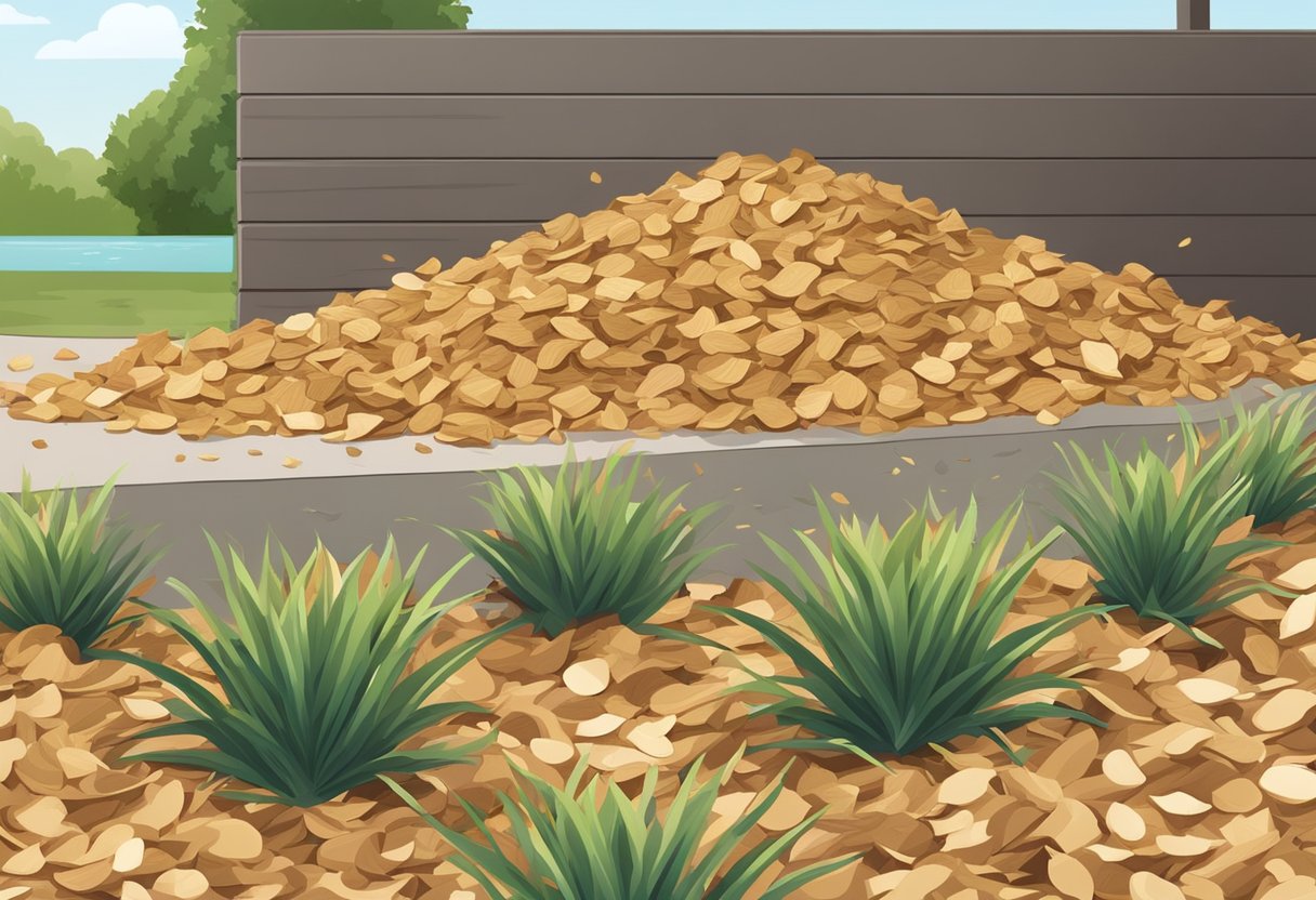 Wood chips scattered around plants, creating a protective layer. Shovel applying chips to soil. Mulch evenly spread