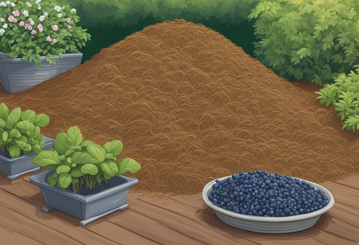 A pile of pine straw mulch surrounds healthy blueberry plants in a sunny garden bed. The mulch is loose and well-distributed, providing a protective layer for the plants' roots