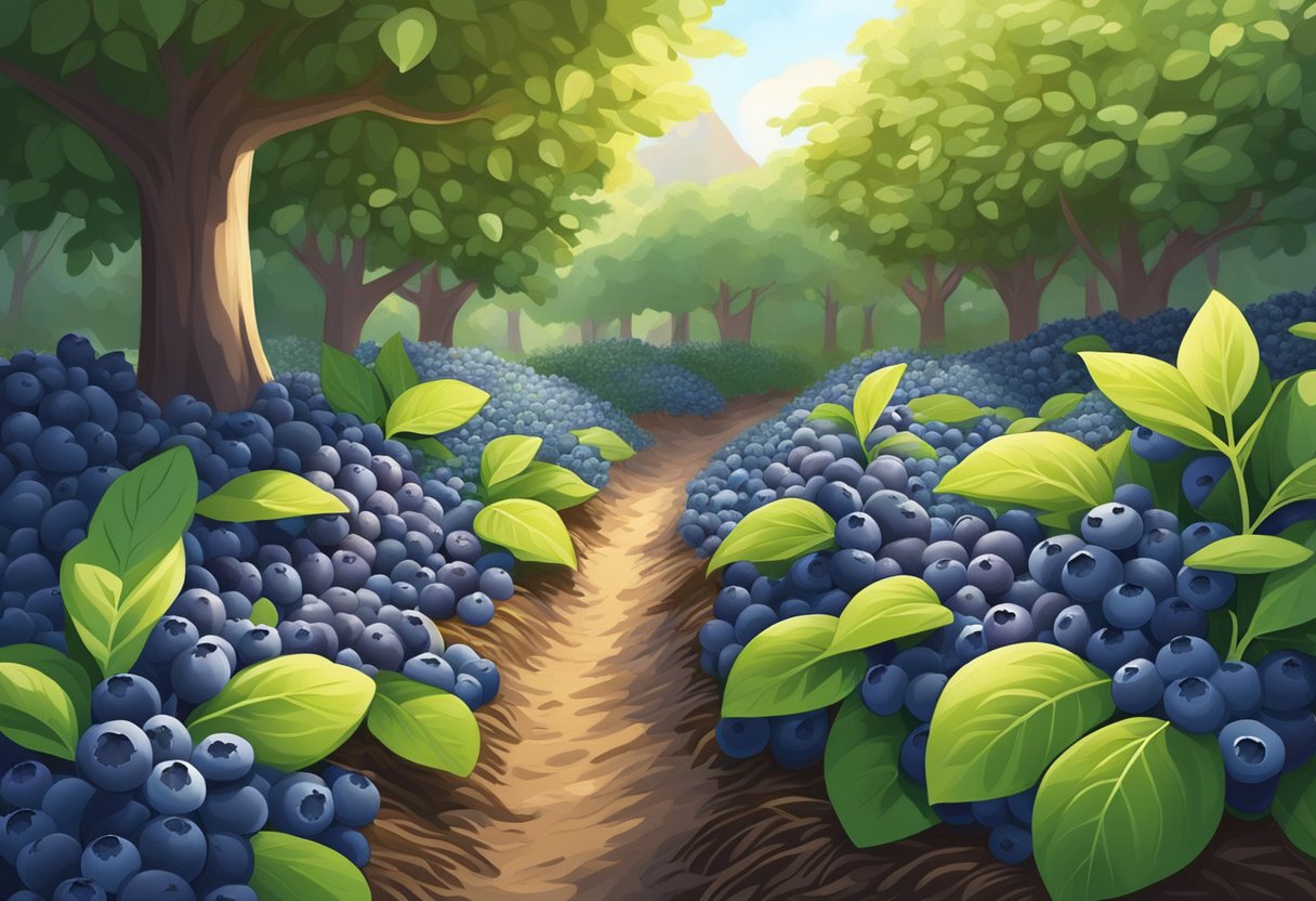 Lush blueberry bushes surrounded by a thick layer of organic mulch, with sunlight filtering through the leaves and ripe blueberries ready for picking