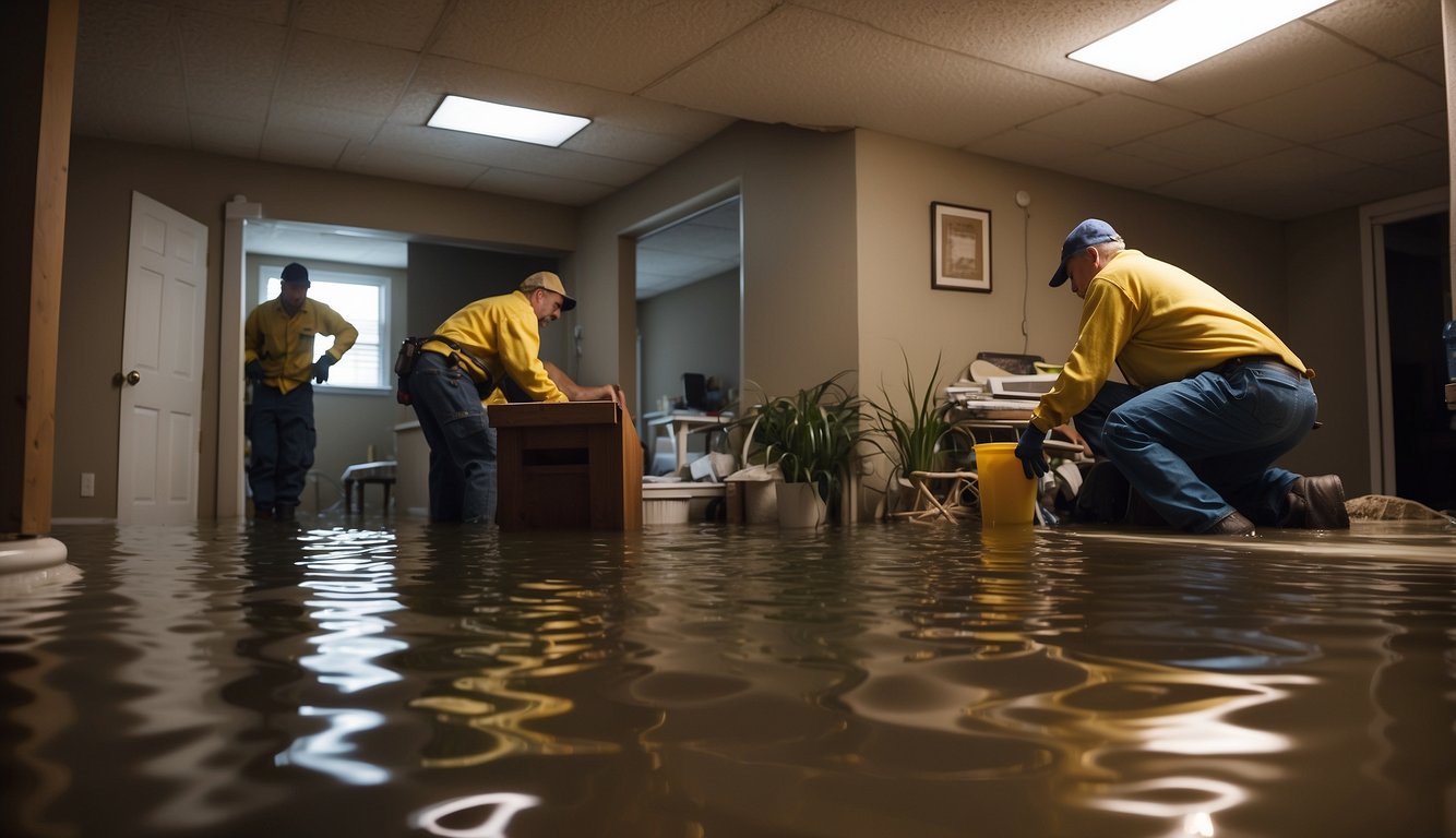 A flooded basement with damaged furniture and walls, a team of restoration workers removing water and mold, and a homeowner looking distressed at the sight