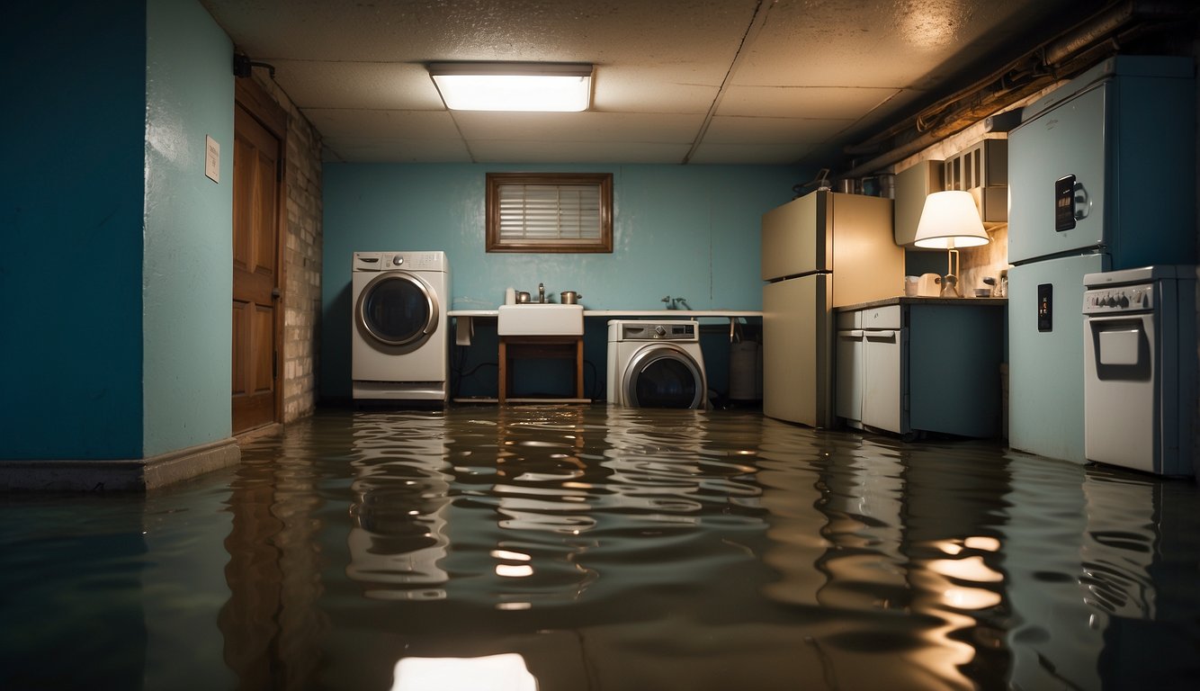 A flooded basement with damaged walls and flooring, mold growth, and rusted appliances. Visible signs of water damage and potential hidden costs