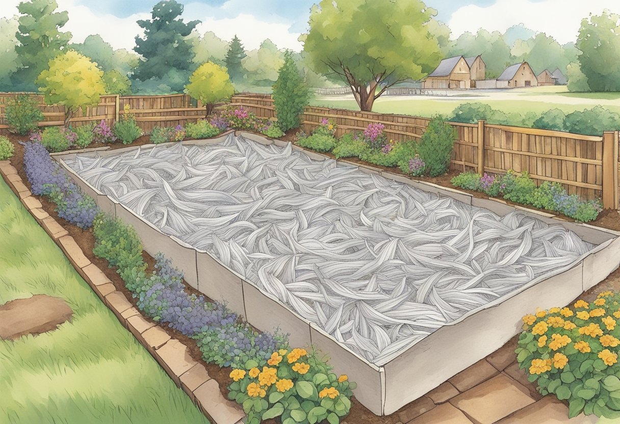 Shredded paper spread around garden beds, suppressing weeds and retaining moisture. Considerations include ink and chemical content, and potential for blowing away