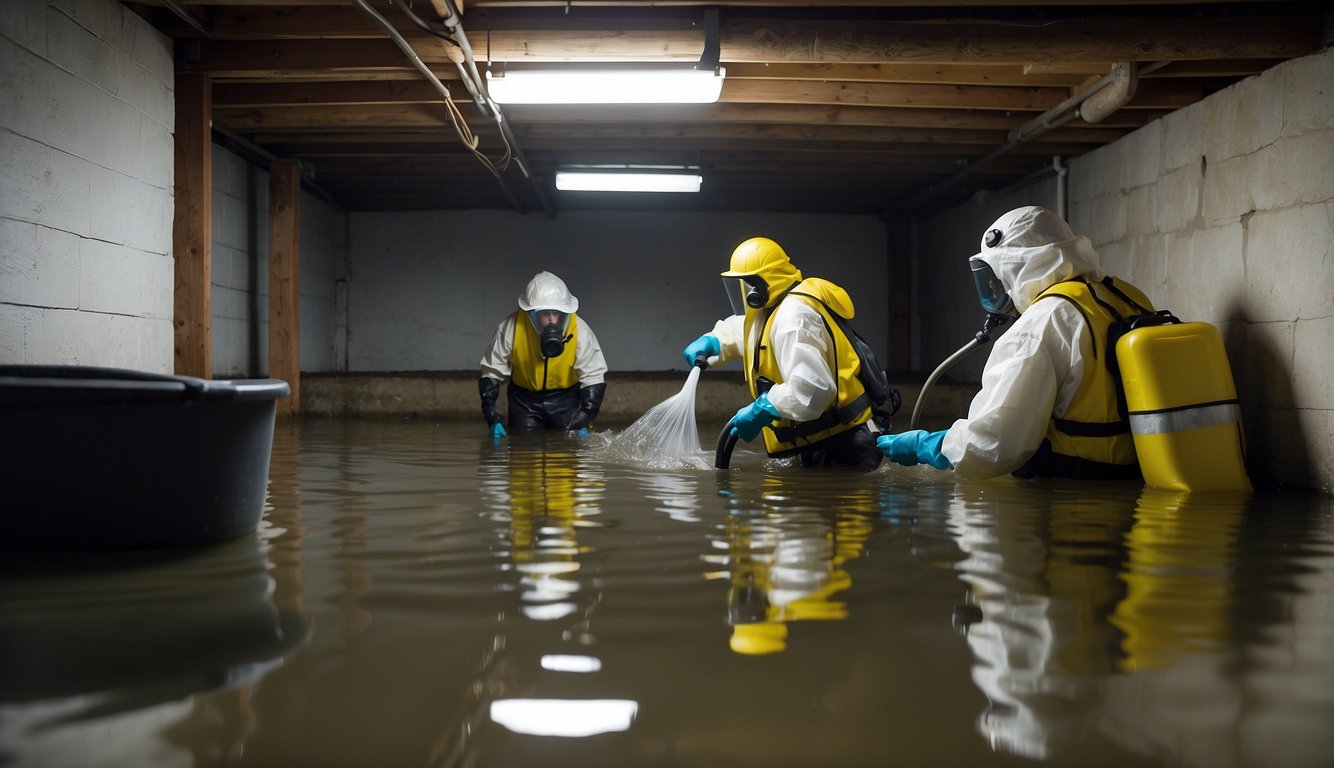 A flooded basement with damaged walls and mold growth, workers wearing protective gear and using specialized equipment for water damage restoration
