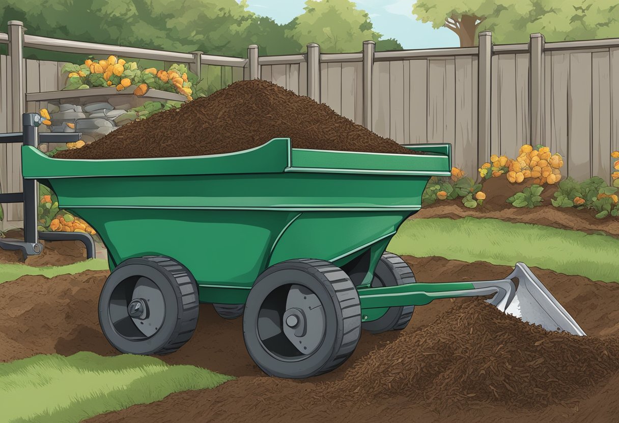 Mulch being shoveled into a compost bin