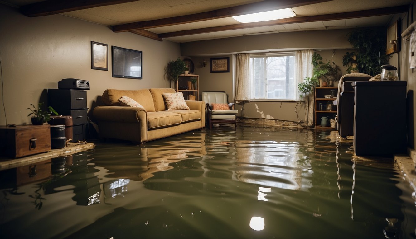 A flooded basement with damaged furniture and mold growth, while a restoration company assesses the hidden costs of water damage insurance claims