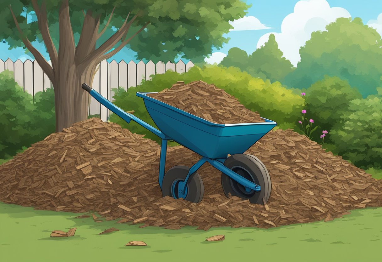 A pile of old mulch sits in the corner of a garden, ready to be disposed of. A shovel and wheelbarrow nearby indicate the tools needed for removal