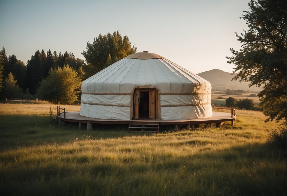 A 30 ft yurt stands in a grassy field, its circular frame and white canvas walls towering over the surrounding landscape