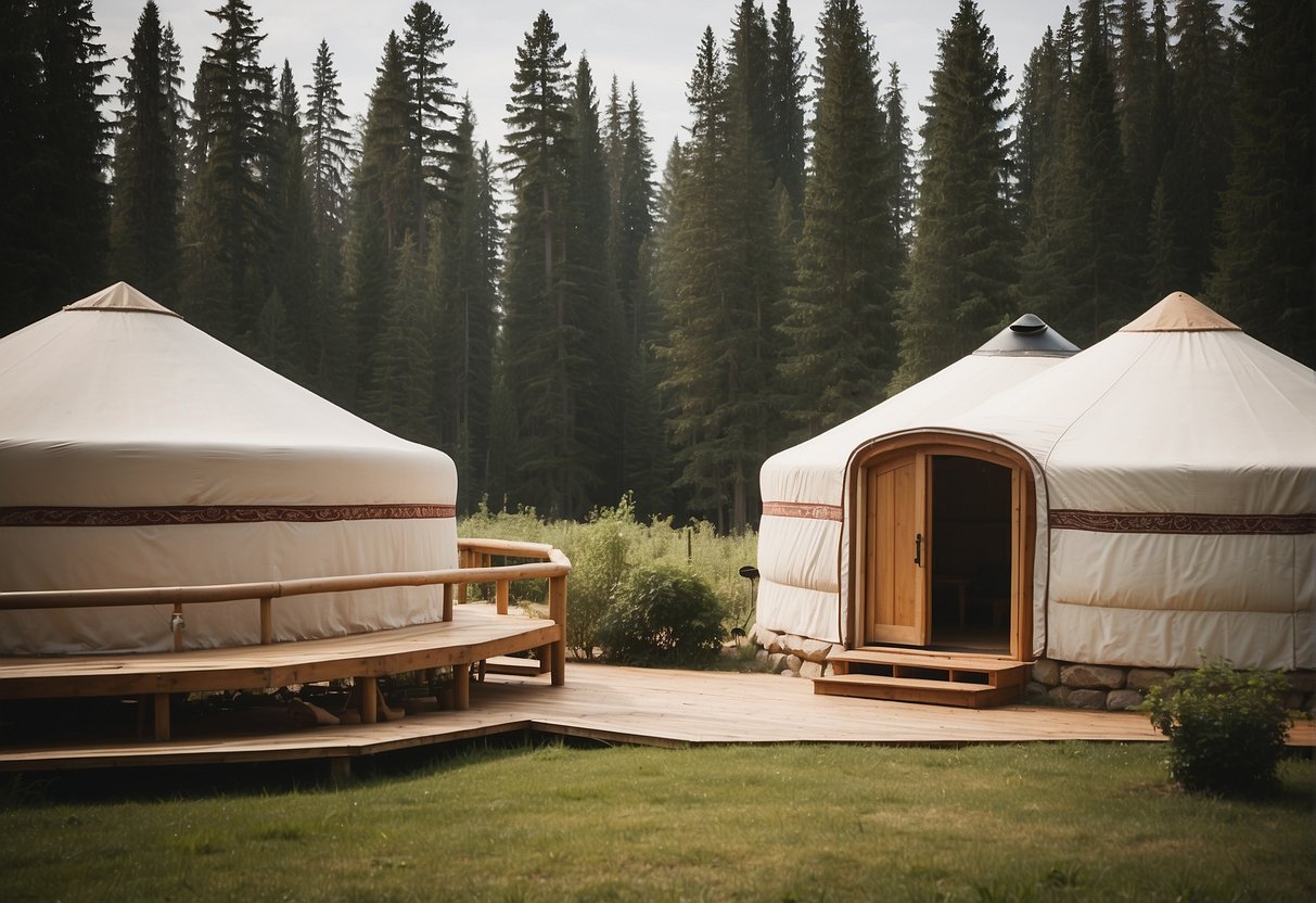 A 30 ft yurt stands in a serene natural setting, with a clear price tag displayed prominently. The surrounding environment exudes tranquility and invites a sense of peaceful contemplation