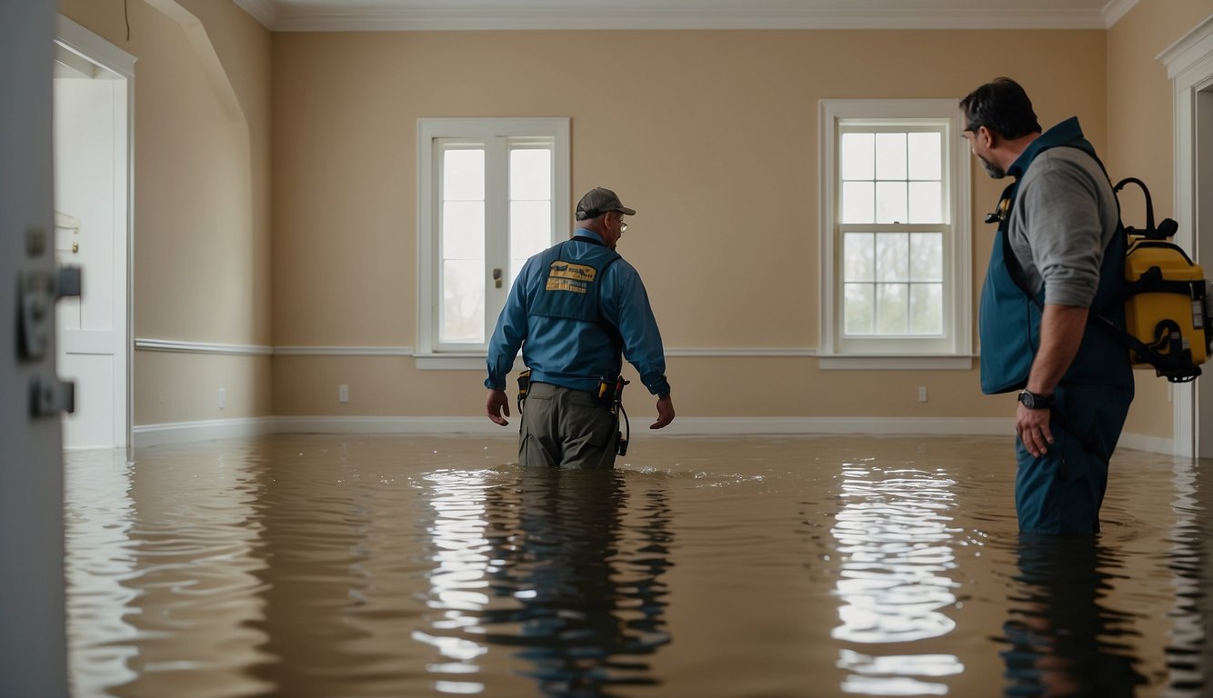 A flooded room with damaged furniture and walls, water restoration equipment in use, and a contractor assessing the hidden costs