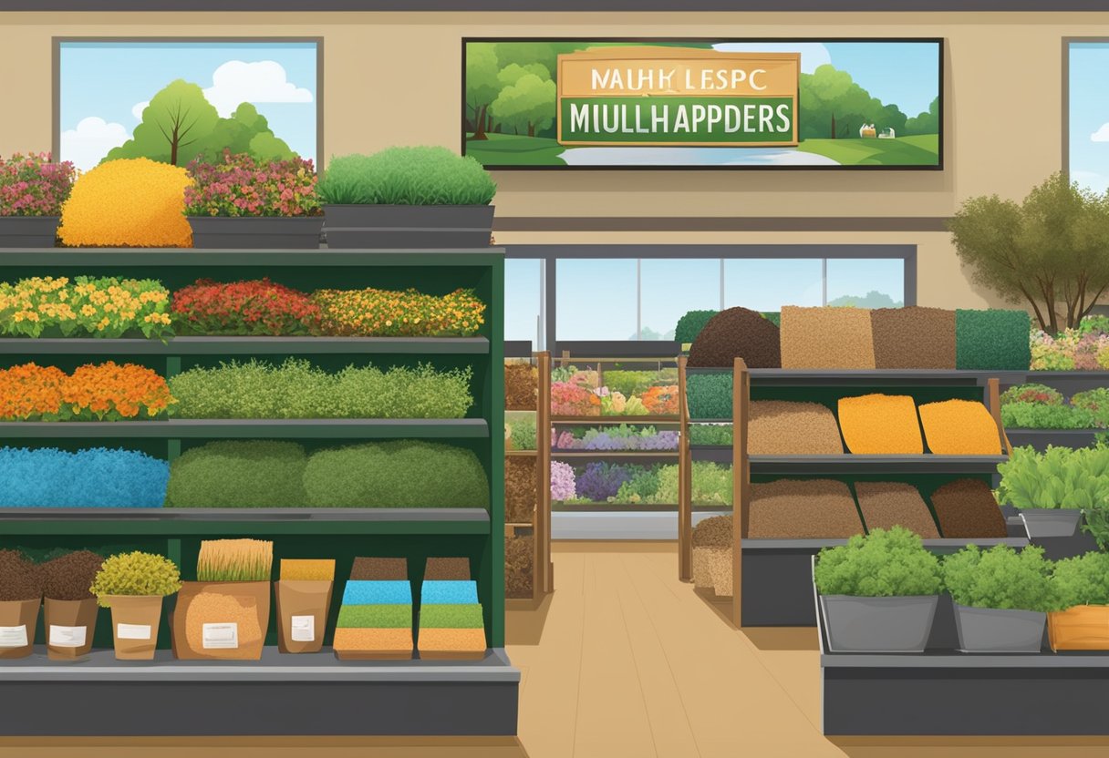 A variety of mulch, soil, and landscaping products displayed on shelves with a sign listing services offered. Bright, inviting atmosphere with friendly staff assisting customers
