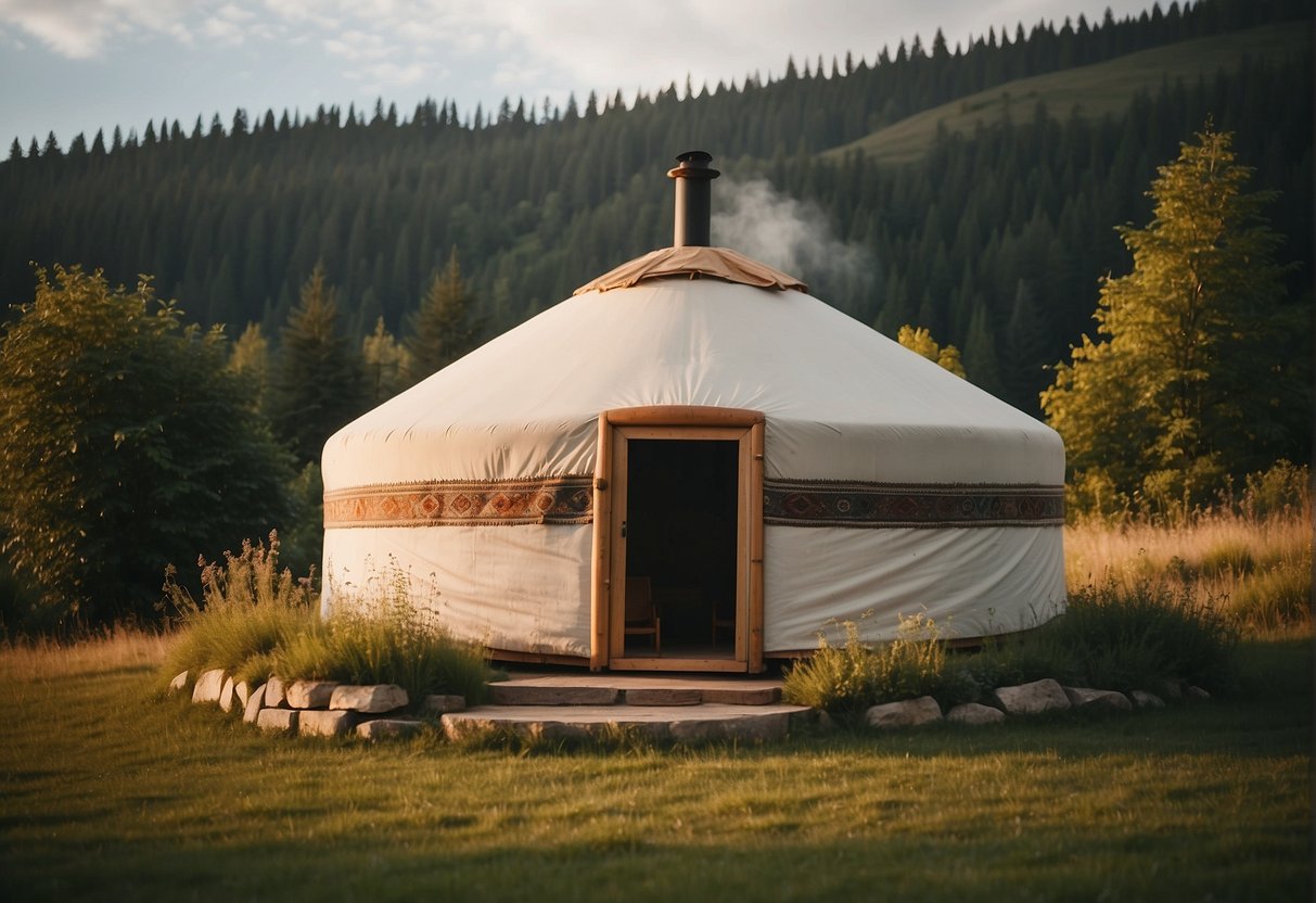 A 30 ft yurt sits nestled in a tranquil meadow, surrounded by lush greenery. Smoke gently rises from the chimney, and a warm glow emanates from the windows, hinting at a cozy and peaceful lifestyle