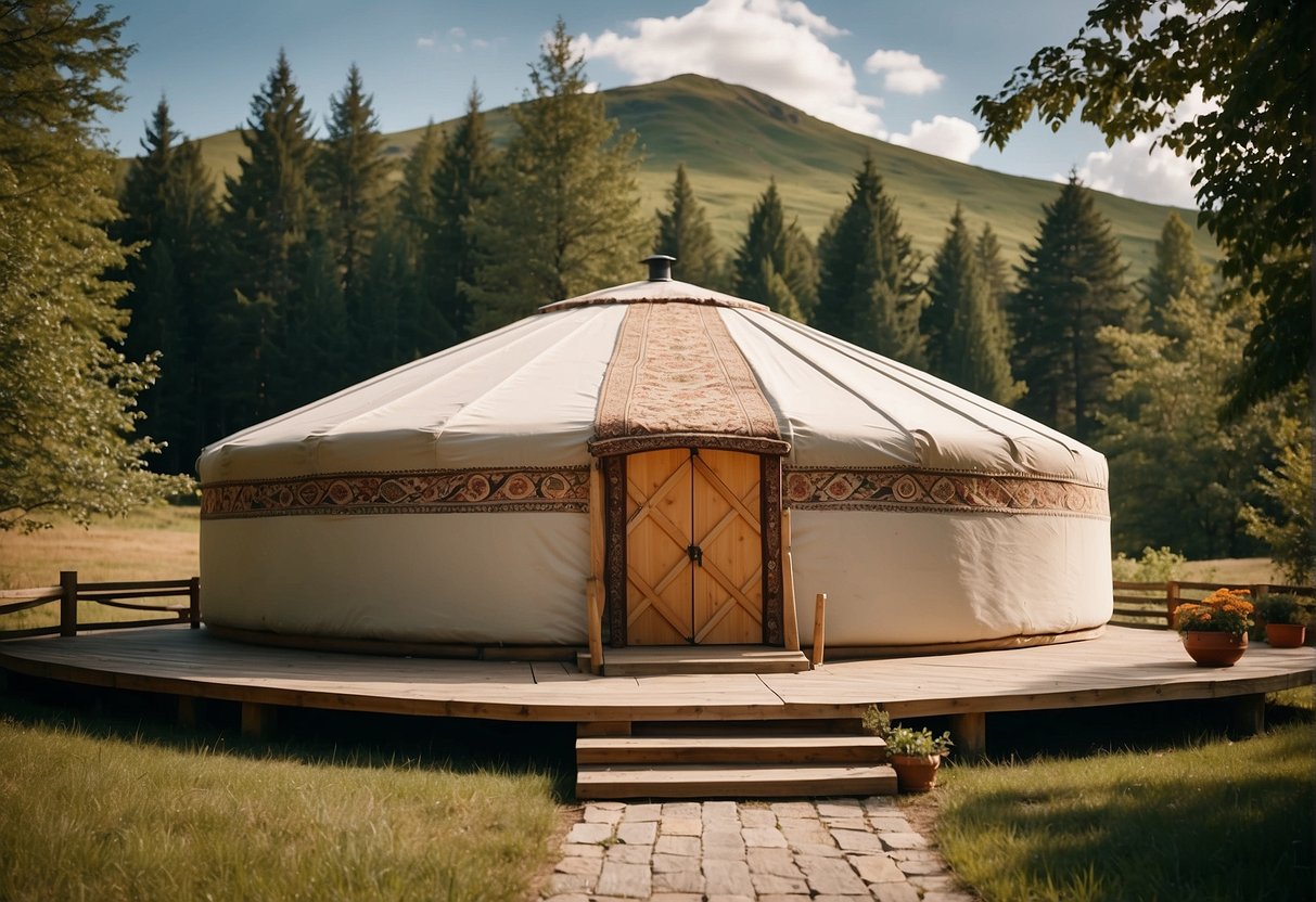 A 30 ft yurt stands in a serene setting, surrounded by nature. The circular structure is adorned with traditional designs and a welcoming entrance